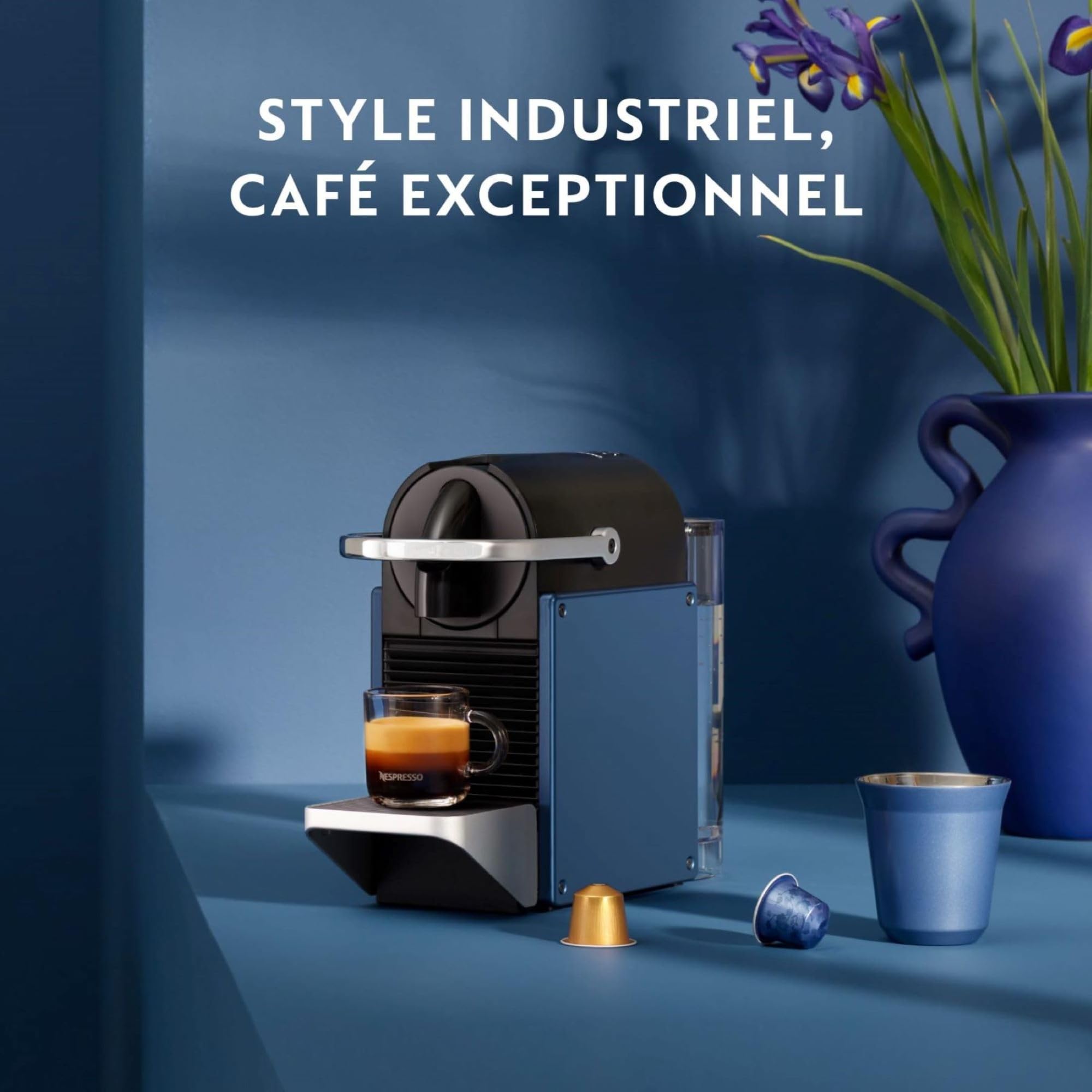 Machine à Café Pixie Bleu, 19 Bars + Kit de Bienvenue, Design Compact, Expresso et Lungo, Arrêt Automatique, EN127.BL